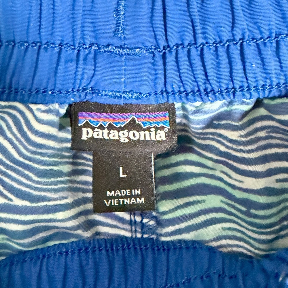 Patagonia Girl's Costa Rica Baggies Swim Shorts Zebra Stripes Blue Large - Picture 3 of 3